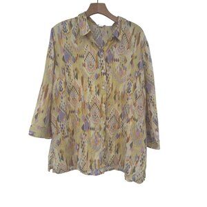 Coldwater Creek Womens linen Shirt top yellow Southwestern print size large